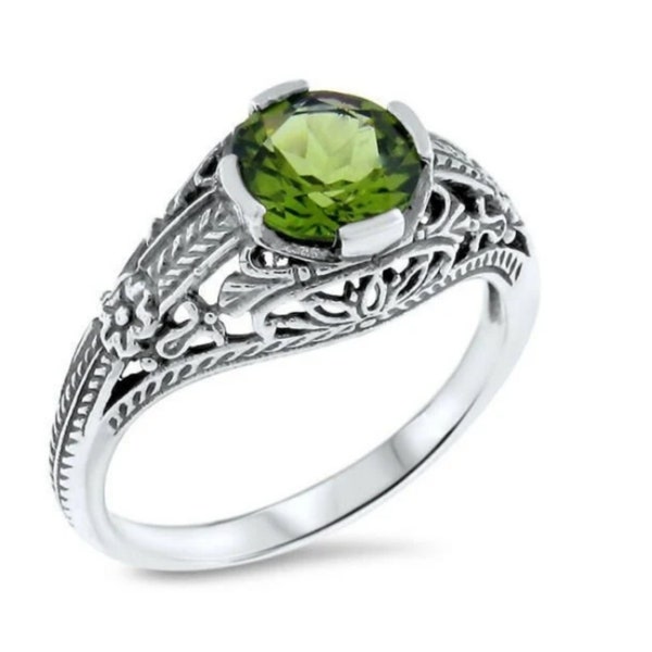 Ring Sizes 5 Through 10 Natural Peridot Solitaire Filigree Ring In 925 Solid Sterling Silver Vintage Antique Design #510