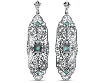 Vintage Estate Natural Emerald & Pearl Filigree Dangle Earrings In 925 Solid Sterling Silver            029