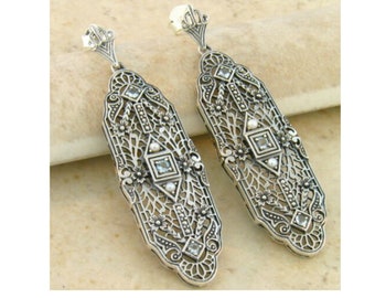 Vintage Estate Natural Aquamarine & Pearl Filigree Earrings In 925 Solid Sterling Silver          659