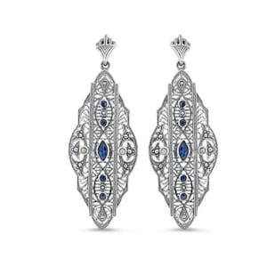 Vintage Estate Natural Sapphire & Freshwater Pearl Filigree Earrings In 925 Solid Sterling Silver           047
