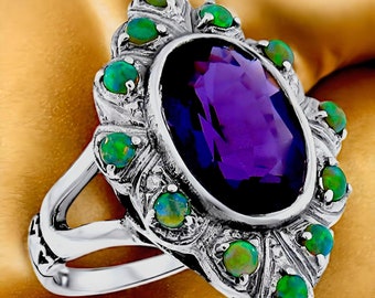 Vintage 6 Ct. Amethyst Ring Green Fire Opal Accents 925 Sterling Silver Statement 521