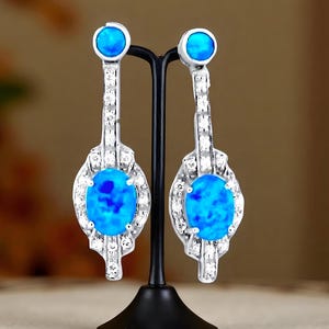 Vintage Blue Opal & Cubic Zirconia Dangle Earrings in 925 Solid Sterling Silver, Elegant Birthday Or Anniversary Gift, Everyday Wear 667