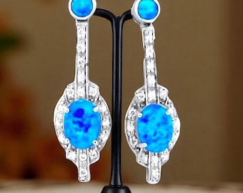 Blue Fire Opal Dangle Earrings: 925 Sterling Silver, Cubic Zirconia Accents, Elegant Gift 667