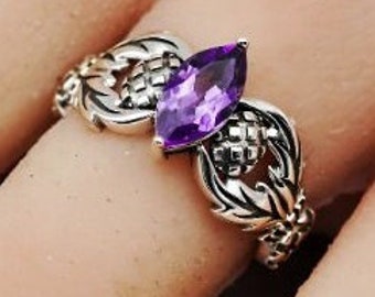 Vintage Scottish Thistle 1 Ct Natural Amethyst Ring-Sterling Silver 925, Marquise Cut Gemstone, Perfect Birthday or Mother's Day Gift, 1755