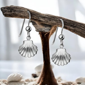 May include: A pair of silver dangle earrings featuring a seashell design. The earrings are hanging from a wooden branch.