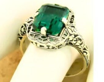 Ring Sizes 5 Through 12  Vintage 3.00 Carat Sim. Emerald Solitaire Filigree Ring In 925 Solid Sterling Silver Antique Design #1150