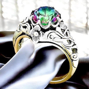 Vintage Scottish Thistle Ring with Rainbow Mystic Quartz, 925 Solid Sterling Silver Filigree, Perfect Unique Gift for Special Occasions  768