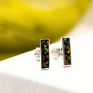 Tiny 925 Sterling Silver Black Opal Earrings, Rhodium Plated Bar Studs 10mm, Dainty Everyday Wear, Thoughtful Birthday Present  1832