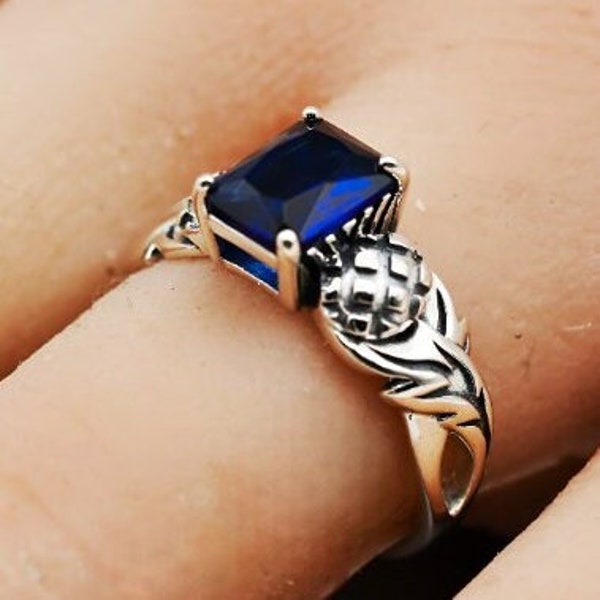 Vintage Scottish Thistle Ring - 925 Sterling Silver with 1.10ct Princess Cut Sim. Sapphire, Estate Jewelry Perfect for Anniversary Gift 1751