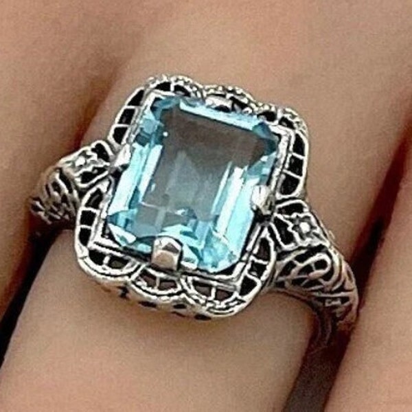 Emerald Cut Aquamarine Ring, 925 Sterling Silver, March Birthstone, Gift For Her, Antique Finish, Vintage  #1237
