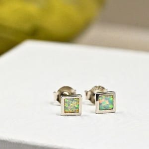 Tiny 925 Sterling Silver White Opal Square Stud Earrings, Rhodium Plated Minimalist Earrings, Ideal Birthday Gift, October Birthstone  1831