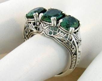 Three Stone Anniversary Ring In 925 Solid Sterling Silver Vintage Antique Design 3.50 Carat Sim. Emerald Filigree       639