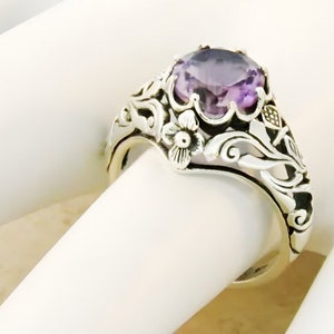 Vintage Estate "Scottish Thistle" 1.75 Carat Natural Amethyst Solitaire Filigree Ring In 925 Solid Sterling Silver           567