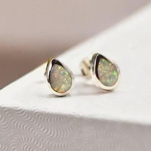 Tiny White Opal Teardrop Stud Earrings in 925 Sterling Silver, 7.5mm Dainty and Chic, Perfect for Daily Use,Thoughtful Birthday Present 1861