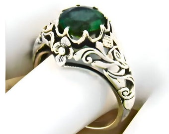 SCOTTISH THISTLE Sim. Emerald Solitaire Filigree Ring In 925 Solid Sterling Silver Vintage Antique Design     757