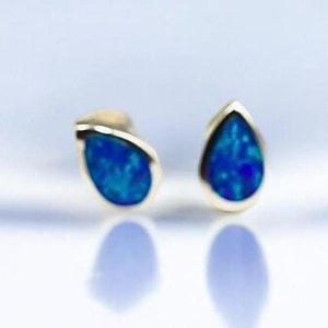 Tiny 925 Sterling Silver Blue Opal Teardrop Stud Earrings, 7.5mm Elegant Jewelry, Perfect for Everyday Wear, Unique Birthday Present 1866