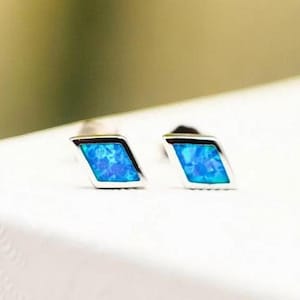 Tiny 925 Sterling Silver Blue Opal Studs, Dainty 7mm Diamond Shape Earrings, Minimalist Jewelry for Daily Wear, Ideal Birthday Gift 1855