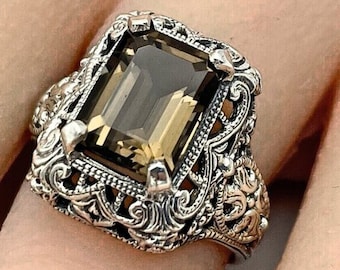 Vintage Estate Natural Smoky Quartz Solitaire Filigree Ring In 925 Solid Sterling Silver                111