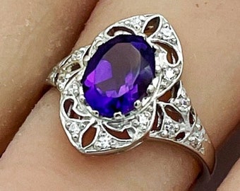 Vintage Estate Natural Amethyst & Cubic Zirconia Filigree Ring In 925 Solid Sterling Silver      850