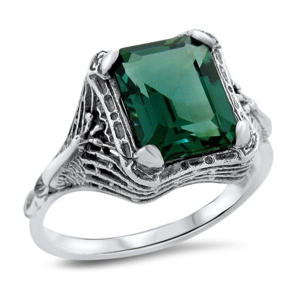 Emerald Statement Ring, Peacock Design, 925 Sterling Silver, May Birthstone, Gift For Her, Sim. Emerald Stone, Vintage  #1272