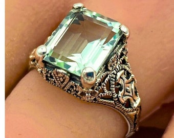 Vintage Estate 2.50 Carat Natural Green Amethyst Solitaire Filigree Ring In 925 Solid Sterling Silver    959