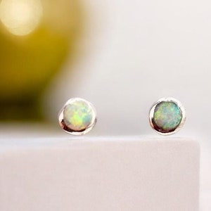Tiny 925 Sterling Silver White Opal Stud Button Earrings, 4mm Rhodium Plated, Everyday Jewelry,Perfect Birthday Gift,Bridesmaid Present 1865