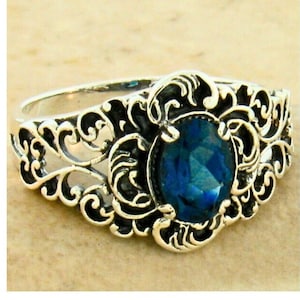 Vintage Natural London Blue Topaz Ring: Filigree 925 Sterling Silver Solitaire 849
