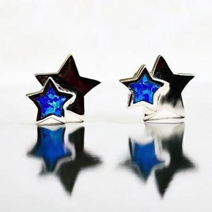 Tiny Blue Opal Double Star Stud Earrings in 925 Sterling Silver, 9mm Rhodium Plated, Pushback Everyday Accessory,Ideal Birthday Present 1849