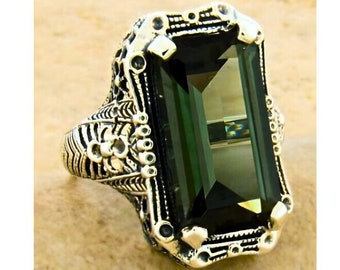 Vintage Estate 10.00 Carat Green Tourmaline Solitaire Filigree Ring In 925 Solid Sterling Silver  Antique Design          104