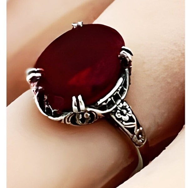 Deep Red Ruby Statement Ring, 925 Sterling Silver, Antique Finish, July Birthstone, Gift For Her, Created Ruby Vintage   #1235