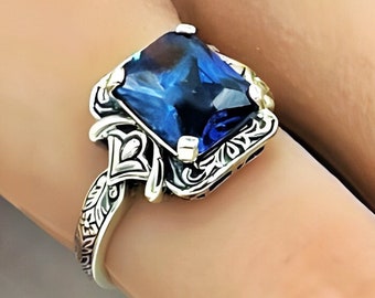 Vintage Ceylon Blue Sim. Sapphire Cz In 925 Solid Sterling Silver Filigree Statement Ring           1280