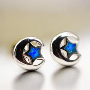 Tiny 925 Sterling Silver Moon and Star Blue Opal Stud Earrings, Rhodium Plated Celestial Jewelry for Everyday Wear,Unique Birthday Gift 1847