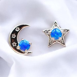 Tiny 925 Sterling Silver Blue Opal Moon & Star Stud Earrings, Rhodium Plated 7mm, Dainty Celestial Jewelry, Perfect Birthday Present 1851