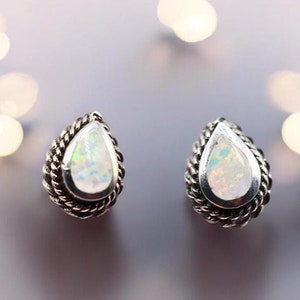 Tiny 6mm White Opal Teardrop Studs, 925 Sterling Silver Earrings, Dainty Minimalist Jewelry, Chic Daily Wear, Thoughtful Birthday Gift, 1868