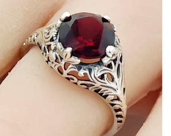 Vintage Estate 2.00 Carat Natural Garnet Soliatire Filigree Ring In 925 Solid Sterling Silver      789