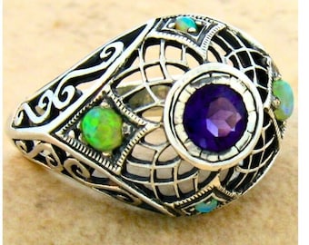 Vintage Natural Amethyst Filigree Dome Ring: Green Fire Opal Accents, 925 Sterling Silver 585