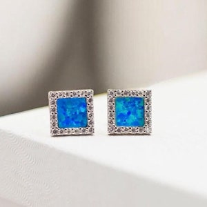 Blue Opal Square Stud Earrings in 925 Sterling Silver, Tiny and Chic, Everyday Accessory, Thoughtful Gift, Perfect Birthday Present 1857