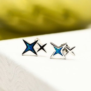 Tiny 925 Sterling Silver Blue Opal North Star Stud Earrings, Rhodium Plated 10.4mm, Celestial Jewelry, Unique Birthday Gift 1839