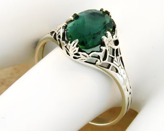 Vintage Estate Vivid Green Sim. Emerald Solitaire Filigree Ring In 925 Solid Sterling Silver  766