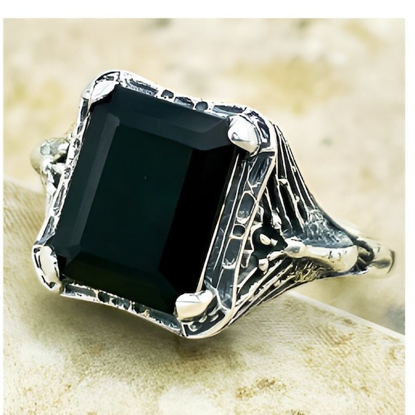 Black Agate Peacock Ring, 925 Sterling Silver, Gift For Her, Natural Stone, Vintage  #1247