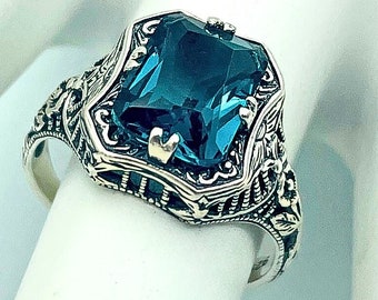 London Blue Topaz Ring, 925 Solid Sterling Silver, Filigree Solitaire, Gift For Her, December Birthstone, Vintage        #1285