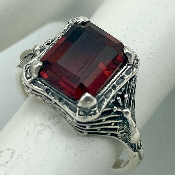 Garnet Peacock Ring, 925 Solid Sterling Silver,  January Birthstone,  Gift For Her, Antique Finish, Vintage   #1244