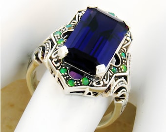 Vintage Estate Amethyst & Green Fire Opal Filigree Ring In 925 Solid Sterling Silver         463