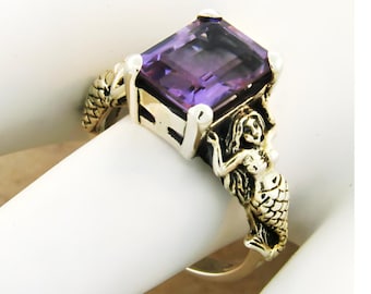 Vintage Estate 3.00 Carat Natural Amethyst Solitaire Filigree Mermaid Ring In 925 Solid Sterling Silver     826