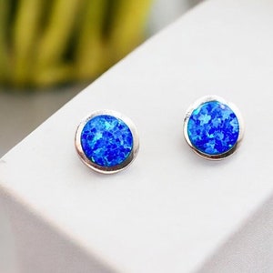 Tiny Blue Opal Button Studs, 925 Sterling Silver 6mm Earrings, Rhodium Plated,Minimalist Jewelry,Perfect Anniversary Gift,Everyday Wear 1863