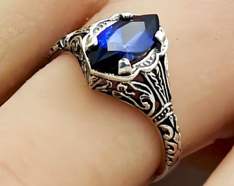 Vintage Estate Marquise Cut Royal Blue Lab Sapphire Solitaire Filigree Ring In 925 Solid Sterling Silver Antique Style      797