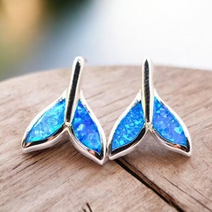 Tiny 925 Sterling Silver Blue Opal Whale Tail Stud Earrings, 10 mm Ocean-Inspired Jewelry,Perfect Beach Lovers Gift,Birthday Present 1853