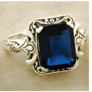 Vintage Estate Royal Blue 2.60 Carat Sim. Sapphire Solitaire Filigree Ring In 925 Solid Sterling Silver         1132