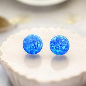 Tiny 5mm Blue Opal Stud Earrings, Rhodium Plated 925 Sterling Silver, Elegant Button Style,Lovely Anniversary Gift,Great Dainty Present 1843