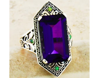 Vintage Estate Amethyst & Green Fire Opal Filigree Ring In 925 Solid Sterling Silver          256
